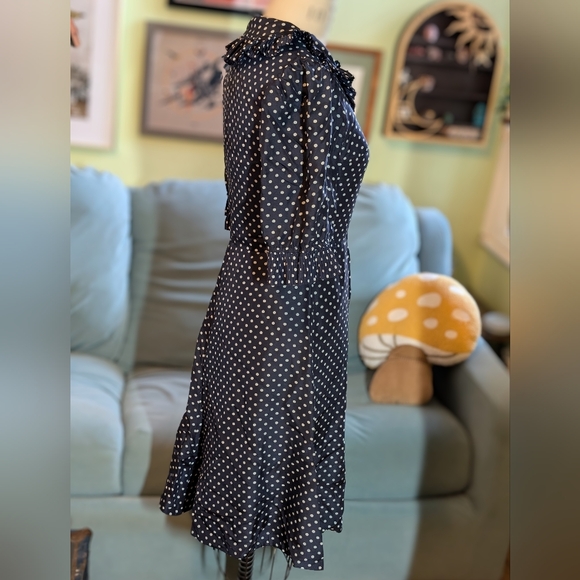 [Handmade - Jane Overland] Vintage Navy Polkadot Midi Dress with Pleats | Medium - Picture 2 of 16
